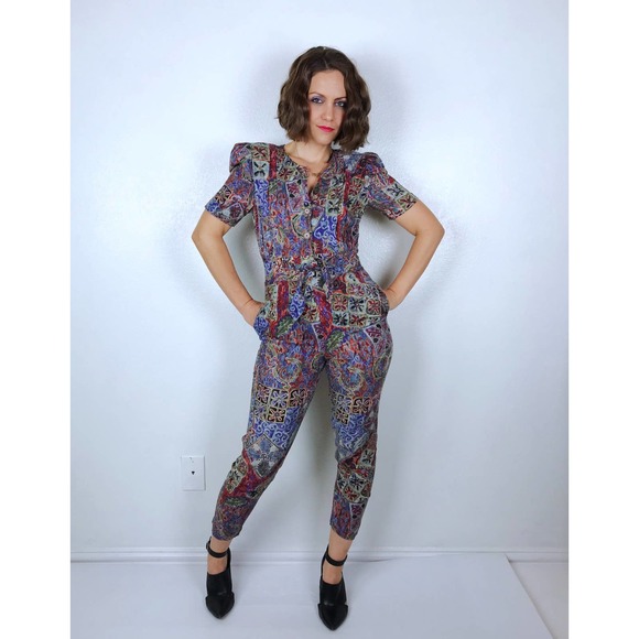 vintage 90s bold ABSTRACT PRINT Puff Sleeve JUMPSUIT xs/s rayon skinny legs boho - Picture 7 of 10